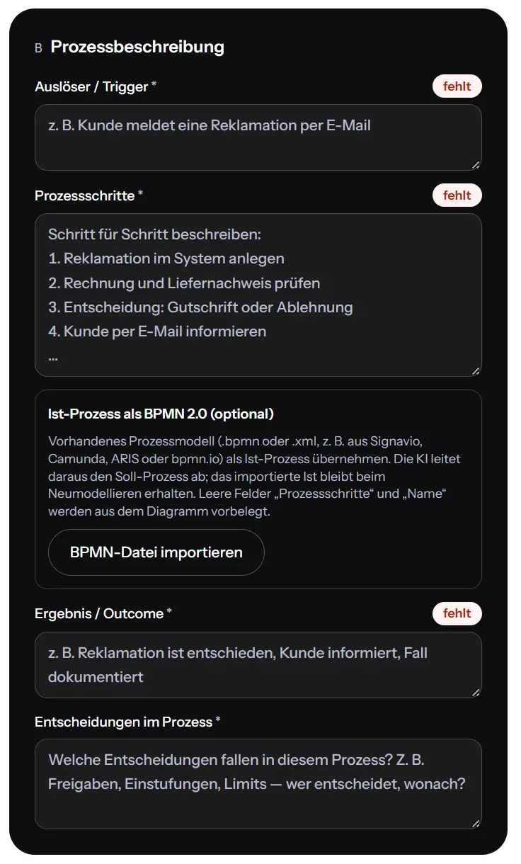 Mandanten-App: Formular zur Prozessbeschreibung